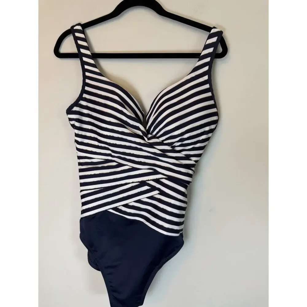 Miraclesuit Navy White Stripe Estilo Underwire One Piece Slimming Swimsuit Sz 16